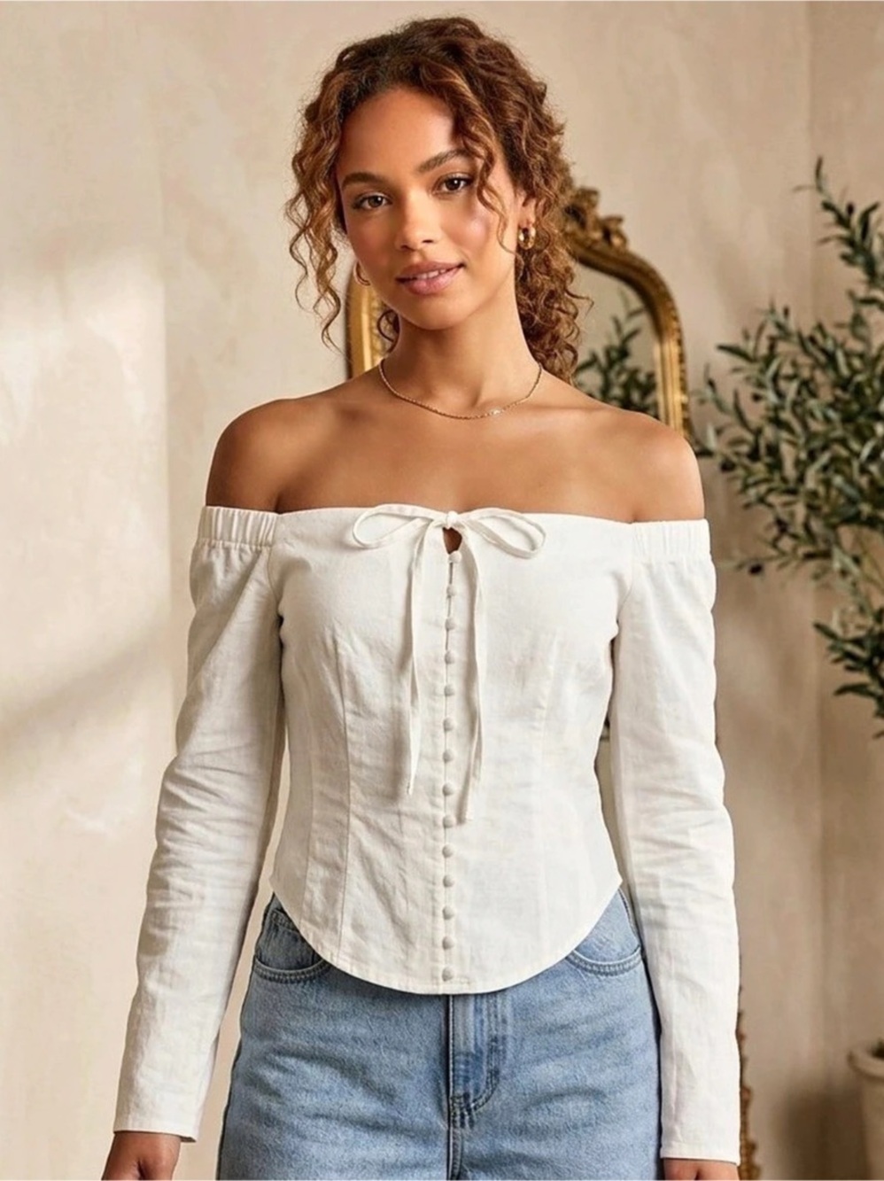 Rumours Off-the-Shoulder Button Front Blouse in White